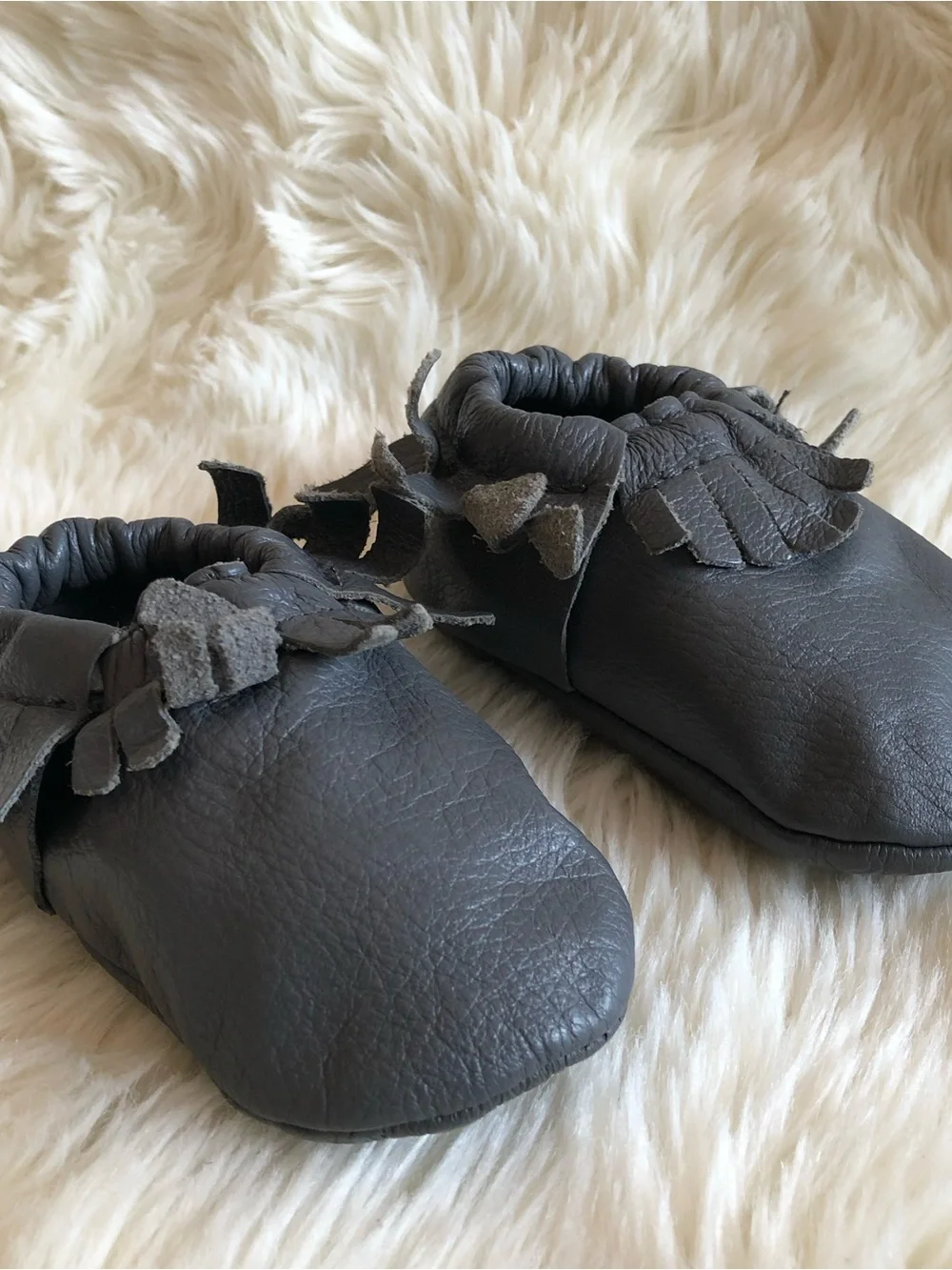 Lucky Love Gray Leather Soft Sole Baby Moccasins Fringe Crib Shoes | 3-6 months
